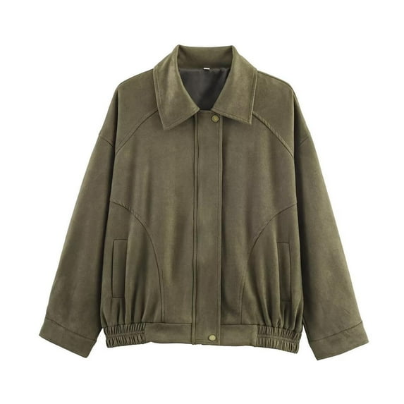 AUNVITO Women's Loose Fit Retro Bomber Jacket with Notched Collar, Zip-Front & Button Closure Casual Outerwear Nylon Spandex Blend