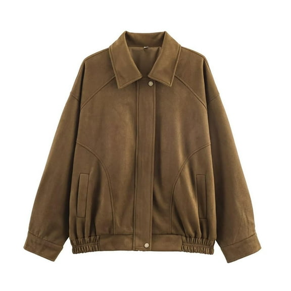 AUNVITO Women's Loose Fit Retro Bomber Jacket with Notched Collar, Zip-Front & Button Closure Casual Outerwear Nylon Spandex Blend