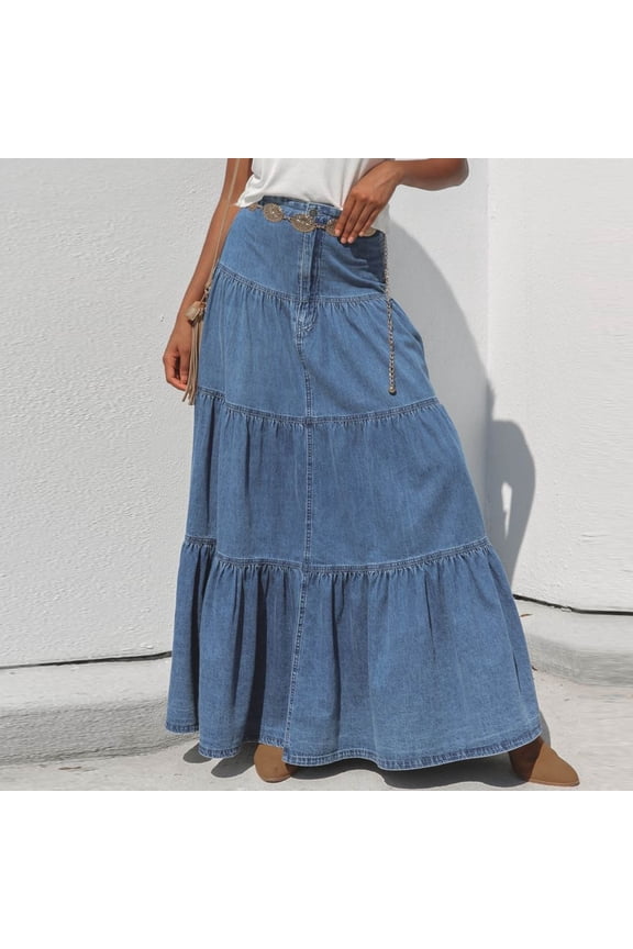 Women's Low Waist Pleated Denim Skirt Casual Solid Color Pre-Shrunk Vintage Mid-Length Stretch Comfort Fit