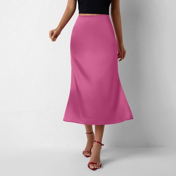 AUNVITO Women's Mermaid Satin Midi Skirt Solid Color High Waist Stretchy Elastic Waistband Fish Tail Design Elegant Formal Casual Long Skirt