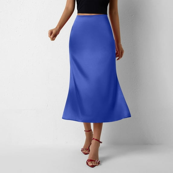 AUNVITO Women's Mermaid Satin Midi Skirt Solid Color High Waist Stretchy Elastic Waistband Fish Tail Design Elegant Formal Casual Long Skirt