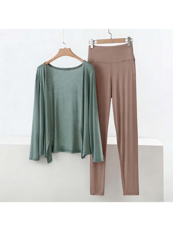 Women's Modal Pajama Set Long Sleeve Lounge Pants Open Front Casual Comfortable Loungewear