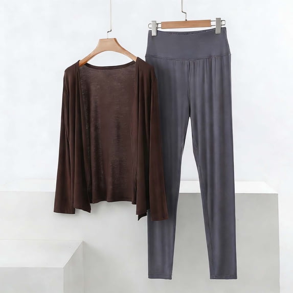 AUNVITO Women's Modal Pajama Set Long Sleeve Lounge Pants Open Front Casual Comfortable Loungewear