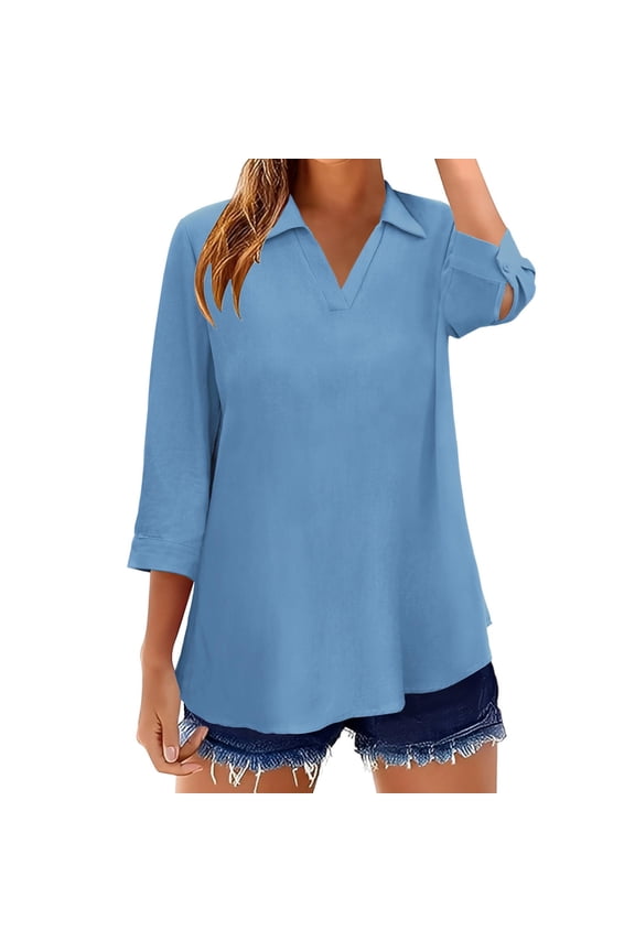 Women's Notch Collar Shirt Three-Quarter Sleeve Casual Breathable Comfortable Blouse