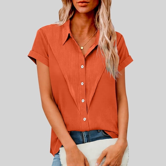 AUNVITO Women's Notched Collar Short Sleeve Shirt Button Front Wrinkle Resistant Casual Spring Summer Style