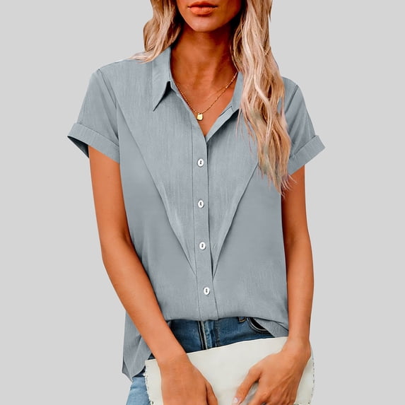 AUNVITO Women's Notched Collar Short Sleeve Shirt Button Front Wrinkle Resistant Casual Spring Summer Style