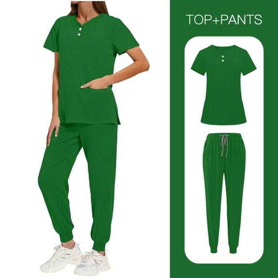 AUNVITO Women's Nursing Scrub Set Short Sleeve V-Neck Button Front Top with Side Slit Pockets and Drawstring Jogger Pants Comfortable Professional Work Uniform