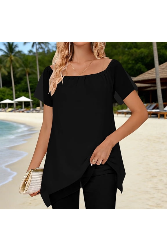 Women's Off-Shoulder Blouse Short Sleeve with Asymmetric Hem Elegant and Chic Style
