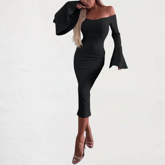 AUNVITO Women's Off-Shoulder Long Sleeve Bodycon Dress with Flare Sleeve, V-Neck & Split Hem - Solid Color Mesh Casual Dress for Daily, Party, Dating (Black, Beige, Hot Pink)