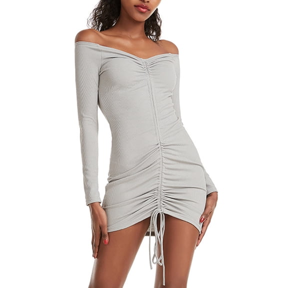 AUNVITO Women's Off Shoulder Mini Dress Long Sleeve Ruffle Detail Drawstring Bodycon Stylish Party Nightclub