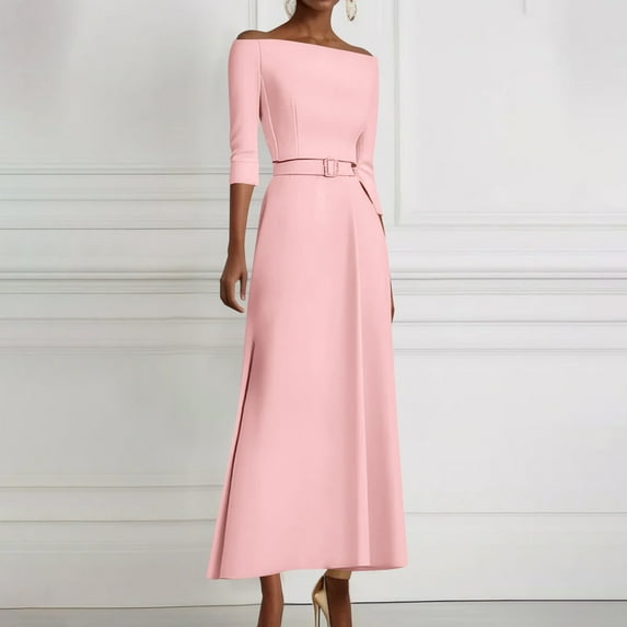 AUNVITO Women's Off-Shoulder Slim Fit Dress with Belted Waist, Solid Color Three-Quarter Sleeve Casual Chic Polyester