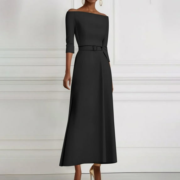 AUNVITO Women's Off-Shoulder Slim Fit Dress with Belted Waist, Solid Color Three-Quarter Sleeve Casual Chic Polyester