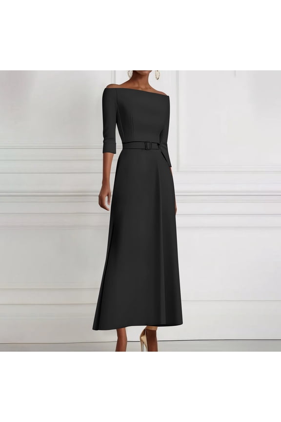 Women's Off-Shoulder Slim Fit Dress with Belted Waist, Solid Color Three-Quarter Sleeve Casual Chic Polyester