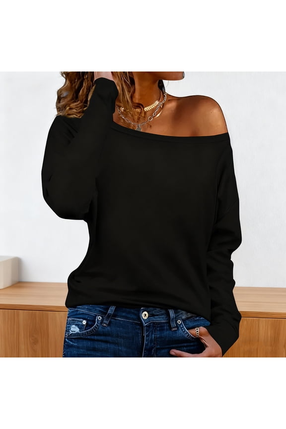 Women's Off Shoulder T-shirt Long Sleeve Asymmetric Neckline with Spandex Casual and Fashionable