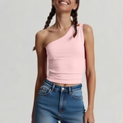 AUNVITO Womens Off Shoulder Top Solid Color Slim Fit Lightweight Street Style Unique Design