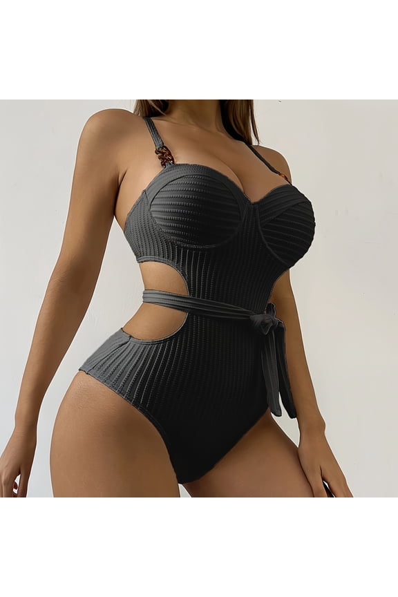 Women's One-Piece Swimsuit Halter Neck with Belt Push-Up Support Wave Pattern Sporty and Chic