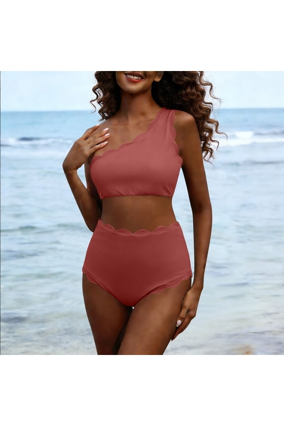 Women's One Shoulder High Waist Bikini Set with Ruffle Edge and Waffle Texture Casual Beach Style