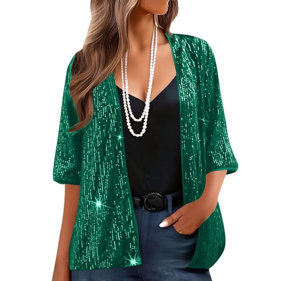 AUNVITO Women's Open Front Sequined Jacket with Three-Quarter Sleeves for Glamorous Parties