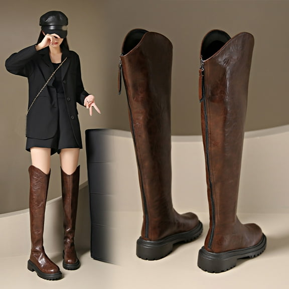 AUNVITO Women's Over-The-Knee Western Boots for All Leg Shapes, Leather Vintage Comfortable Thick Sole Low Heel Boots Fall Winter Black Brown