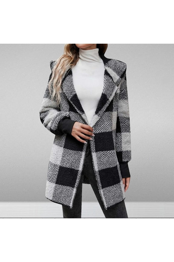 Women's Oversized Faux Shearling Plaid Jacket Long Sleeve Loose Fit Casual Winter Coat