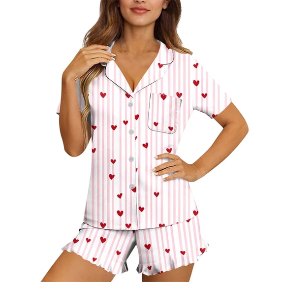 AUNVITO Women's Pajama Set Button Down Short Sleeve Top and Shorts Cute and Comfortable Sleepwear Loungewear