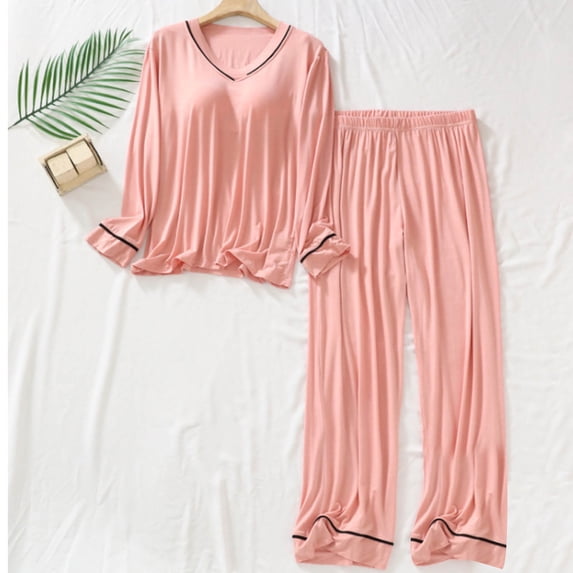 AUNVITO Women's Pajama Set Loose Fit V-Neck Long Sleeve Long Pants with Built-in Bra Casual Comfortable Solid Color