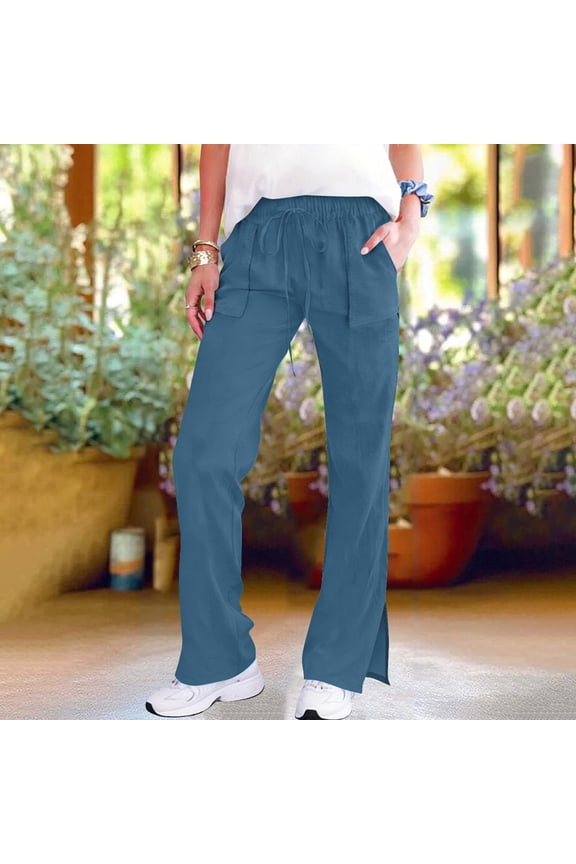Women's Pants Elastic Waist with Pockets Straight Leg Split Hem Minimalist Solid Color Casual Style