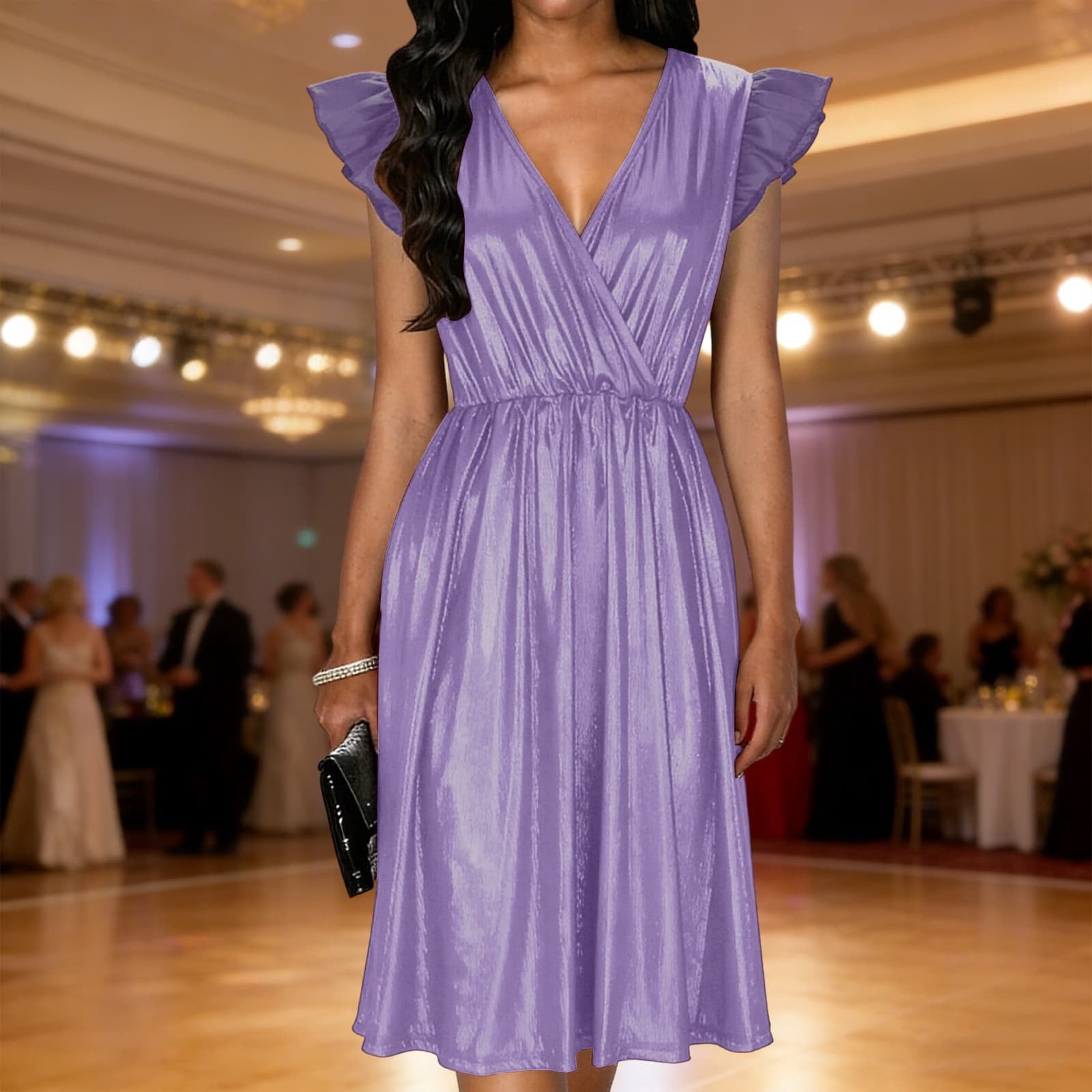 AUNVITO Women's Party Dress V-Neck Puff Sleeves Loose Fit Elegant ...