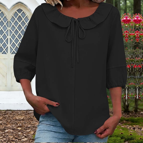 AUNVITO Women's Peter Pan Collar Drawstring Tie Three Quarter Sleeve Blouse Casual and Summer Style