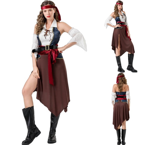 AUNVITO Women's Pirate Dress Off-Shoulder Puff Sleeve Asymmetrical Skirt With Belt And Headscarf Adventure Role Play Costume