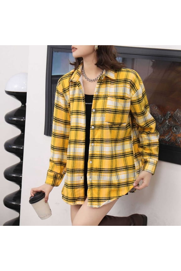 Women's Plaid Fleece-Lined Shacket with Pockets Long Sleeve Button Collar Casual Outerwear