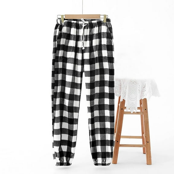 AUNVITO Women's Plaid Fleece Pajama Pants Winter Cuffed Thermal Lined Lounge Trousers with Elastic Waist Homewear Bottoms