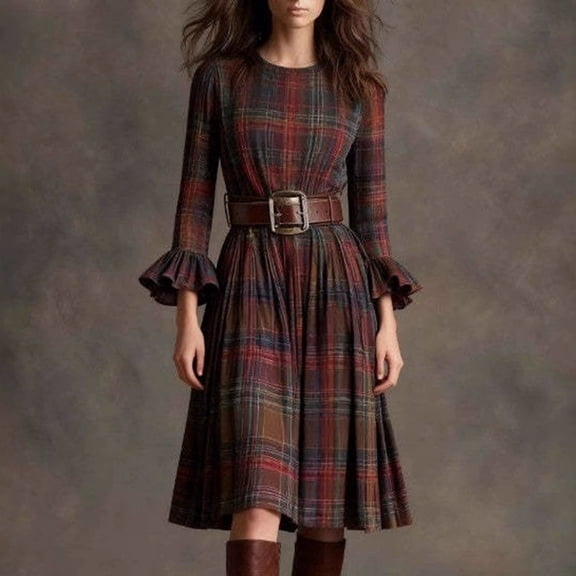 AUNVITO Women's Plaid Pleated Dress with Round Neck and Bell Sleeves Mid-Length Casual Style