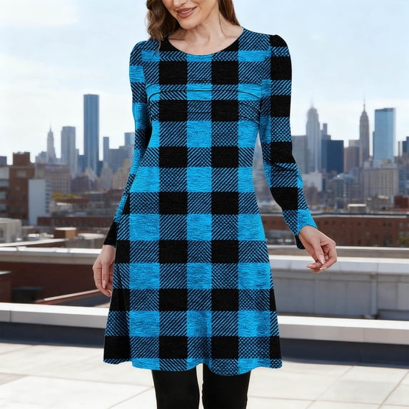 AUNVITO Women's Plaid Print Dress Round Neck Ruffled Long Sleeve with Pockets Casual and Elegant Style