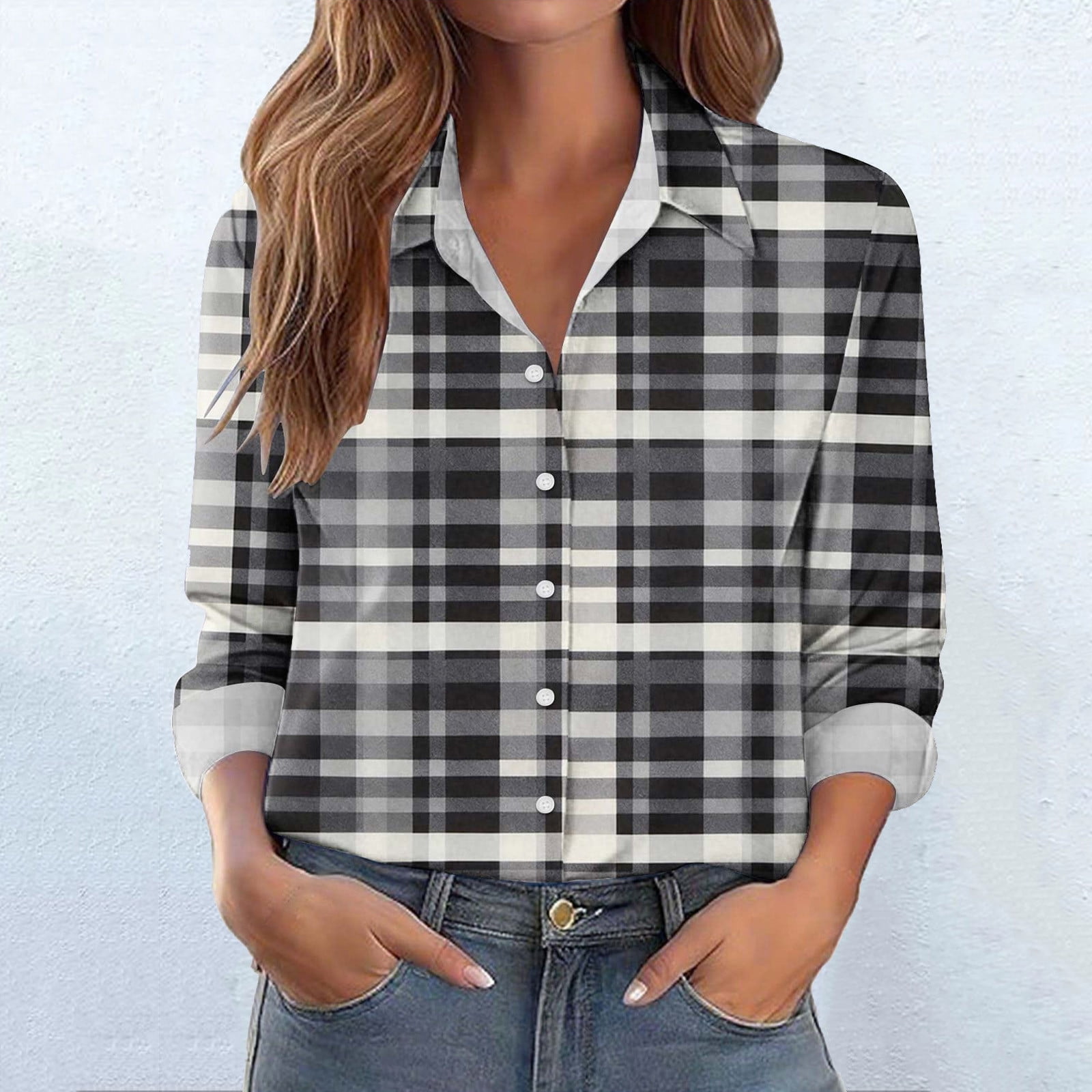 AUNVITO Women's Plaid Print Shirt Long Sleeve Round Neck Single ...