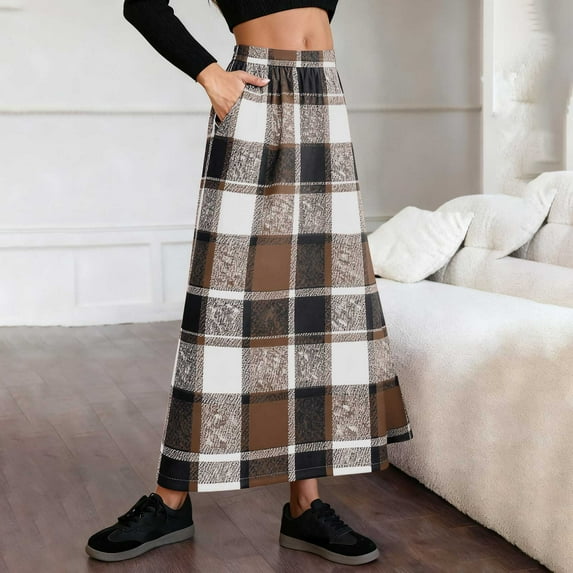 AUNVITO Women's Plaid Skirt with Elastic Waist and Functional Pockets Classic and Versatile Style