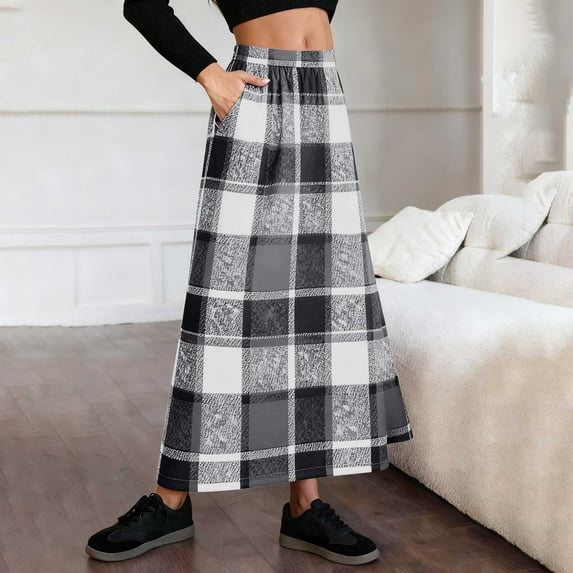 AUNVITO Women's Plaid Skirt with Elastic Waist and Functional Pockets Classic and Versatile Style