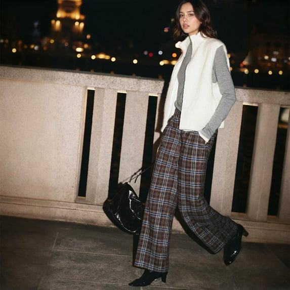 AUNVITO Women's Plaid Wide Leg Pants with Pockets Loose Fit Casual and Comfortable Style