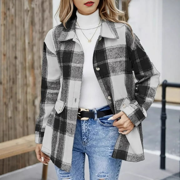 AUNVITO Women's Plaid Windbreaker Lightweight Loose Fit Casual Jacket Long Sleeve No Hood Outdoor Spring Fall