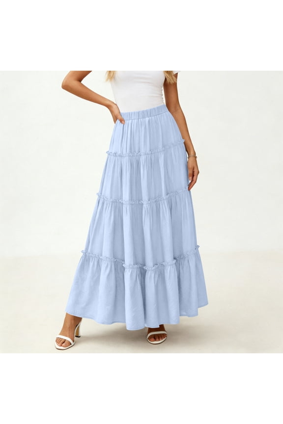 Women's Pleated Skirt Elastic Waist Pull String Flared Hem Long Casual Elegant Style