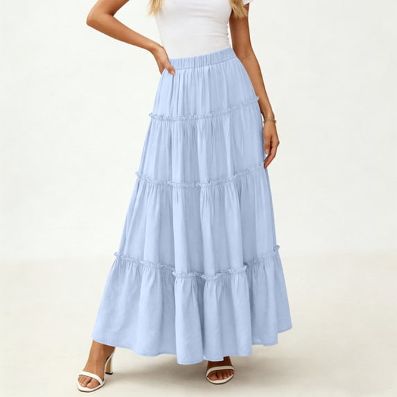 AUNVITO Women's Pleated Skirt Elastic Waist Pull String Flared Hem Long Casual Elegant Style