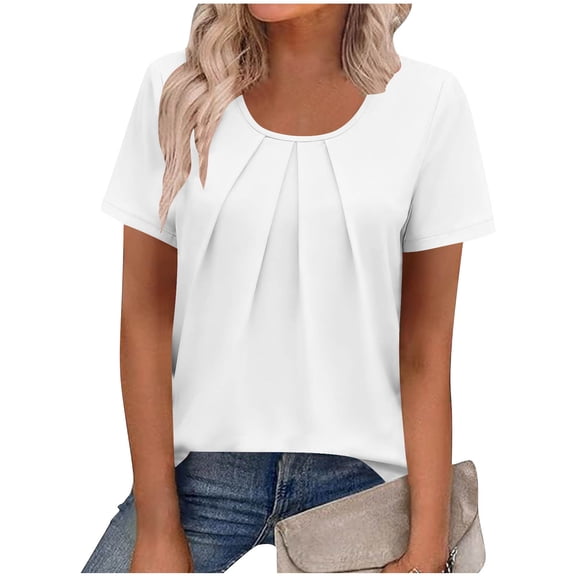 AUNVITO Women's Pleated T-Shirt Round Neck Short Sleeve Solid Color Casual Fashion