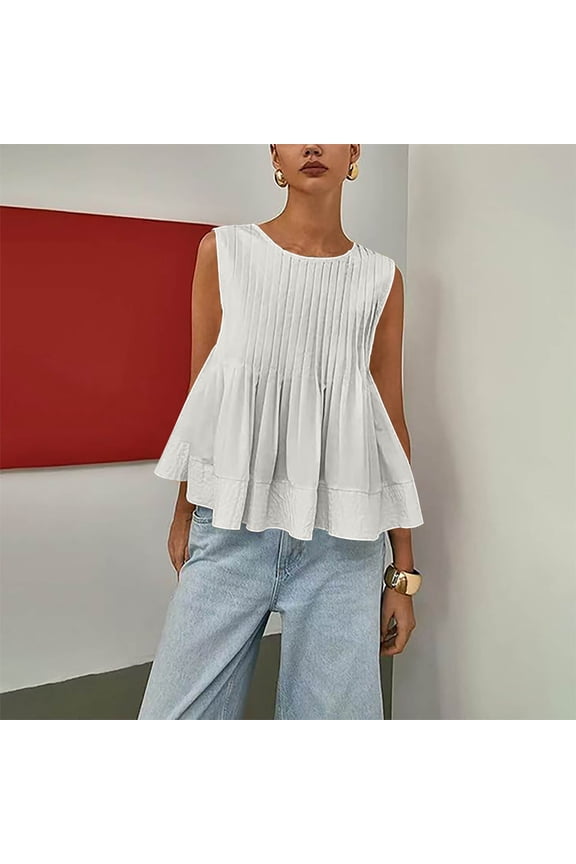 Women's Pleated Tank Top Sleeveless Round Neck Casual and Chic-Style Style