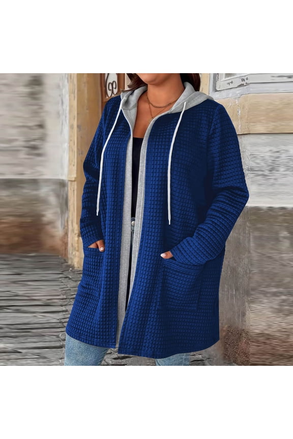 Women's Plus Size Casual Hooded Windbreaker Loose Fit Long Sleeve Buttonless Solid Color Patch Pockets Outerwear