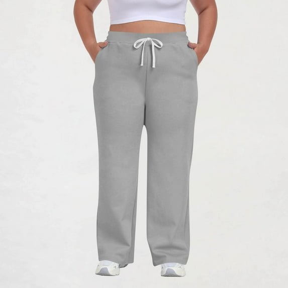AUNVITO Women's Plus Size Casual Pants Drawstring Waist with Pockets Solid Color Sporty and Comfortable Fit