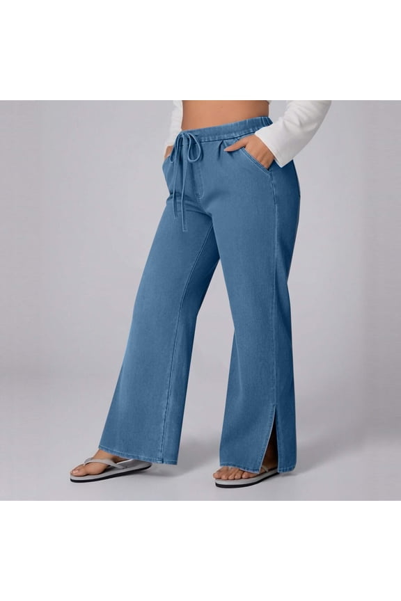 Women's Plus Size High Waist Drawstring Pocket Side Slit Wide Leg Jeans Casual and Fashionable