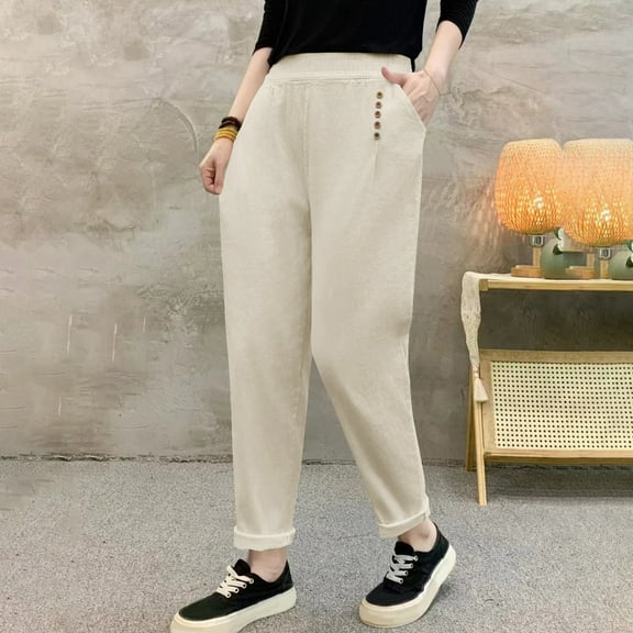 AUNVITO Women's Plus Size High Waisted Casual Pants - Elastic Waist Loose Fit Oversized Solid Color Long Beach Holiday Soft Cotton Spandex