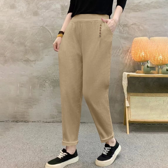 AUNVITO Women's Plus Size High Waisted Casual Pants - Elastic Waist Loose Fit Oversized Solid Color Long Beach Holiday Soft Cotton Spandex