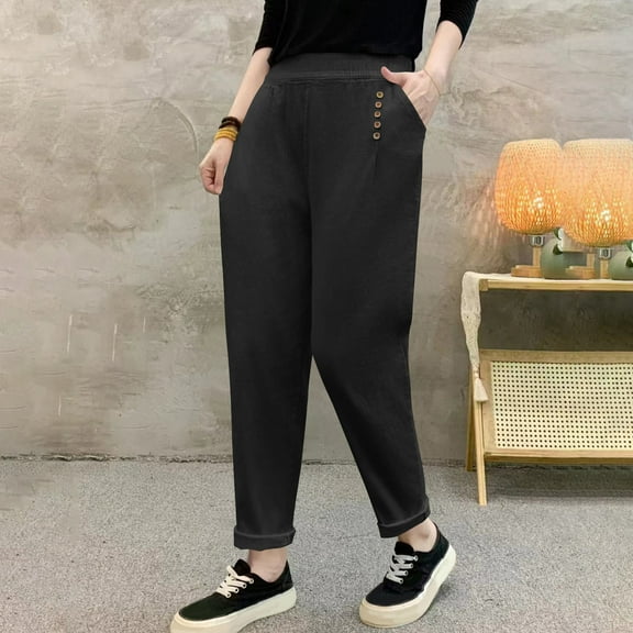 AUNVITO Women's Plus Size High Waisted Casual Pants - Elastic Waist Loose Fit Oversized Solid Color Long Beach Holiday Soft Cotton Spandex