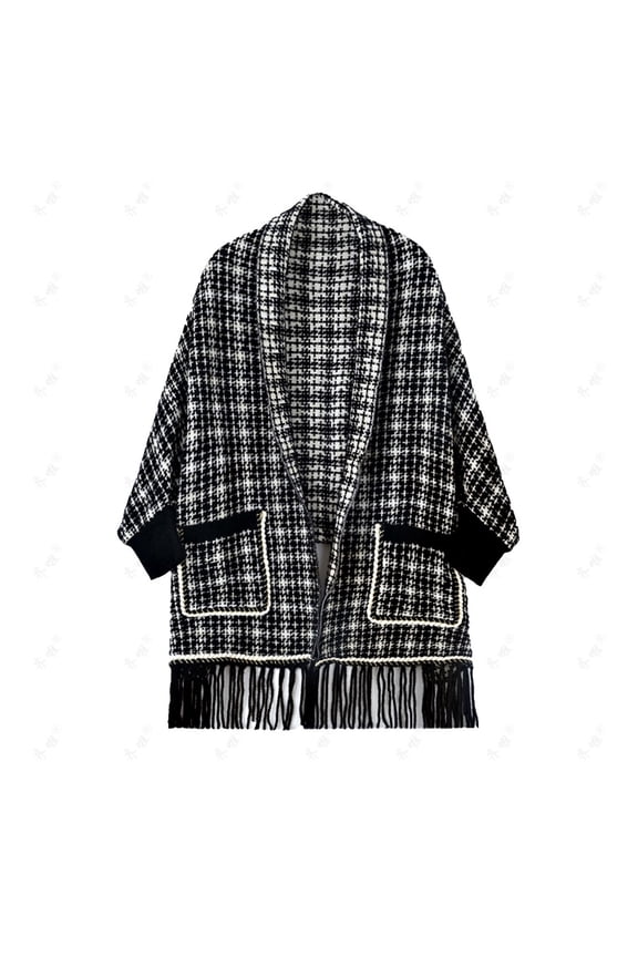 Women's Plus Size Hooded Knitted Cape Shawl with Plaid Print and Tassel Trim Casual Versatile Winter Style